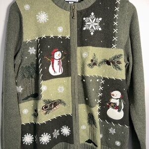 Vintage Croft & Barrow Two-Tone Green Snowflake Snowman Christmas Cardigan
